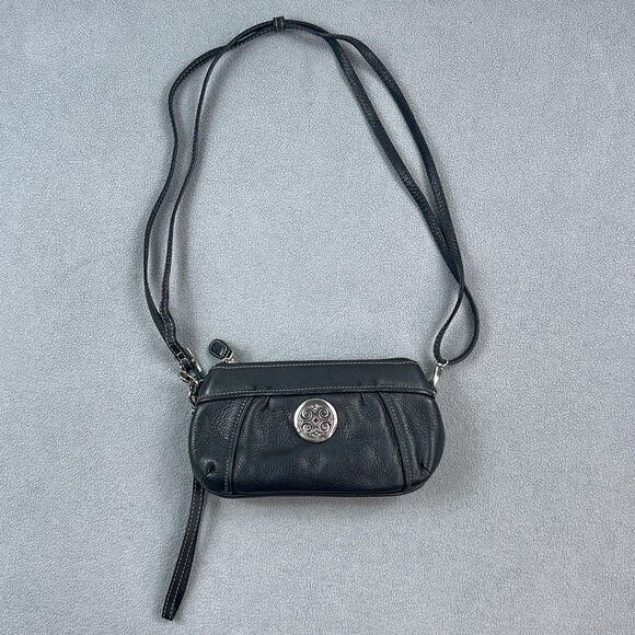 Brighton Crossbody Purse Wristlet Womens Small Black Pebbled Leopard Lining Zip - Picture 1 of 12
